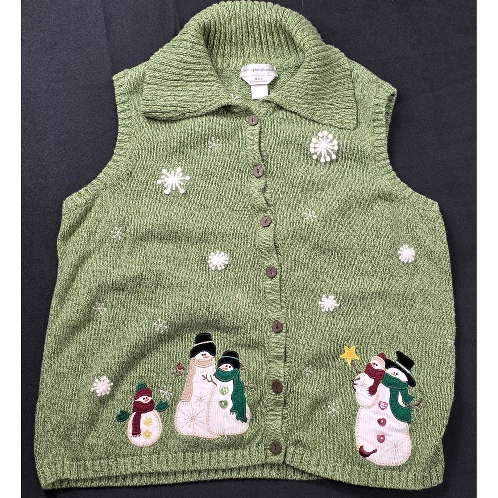 Green Snowman Sweater Vest Women's L Button Front Hand‎ Embroidered Holiday